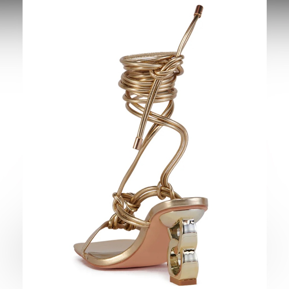 AZALEA WANG Stupendous Gold Ankle Wrap Lace Up High Linking Heel Sandal Size 6.5 - Picture 3 of 15